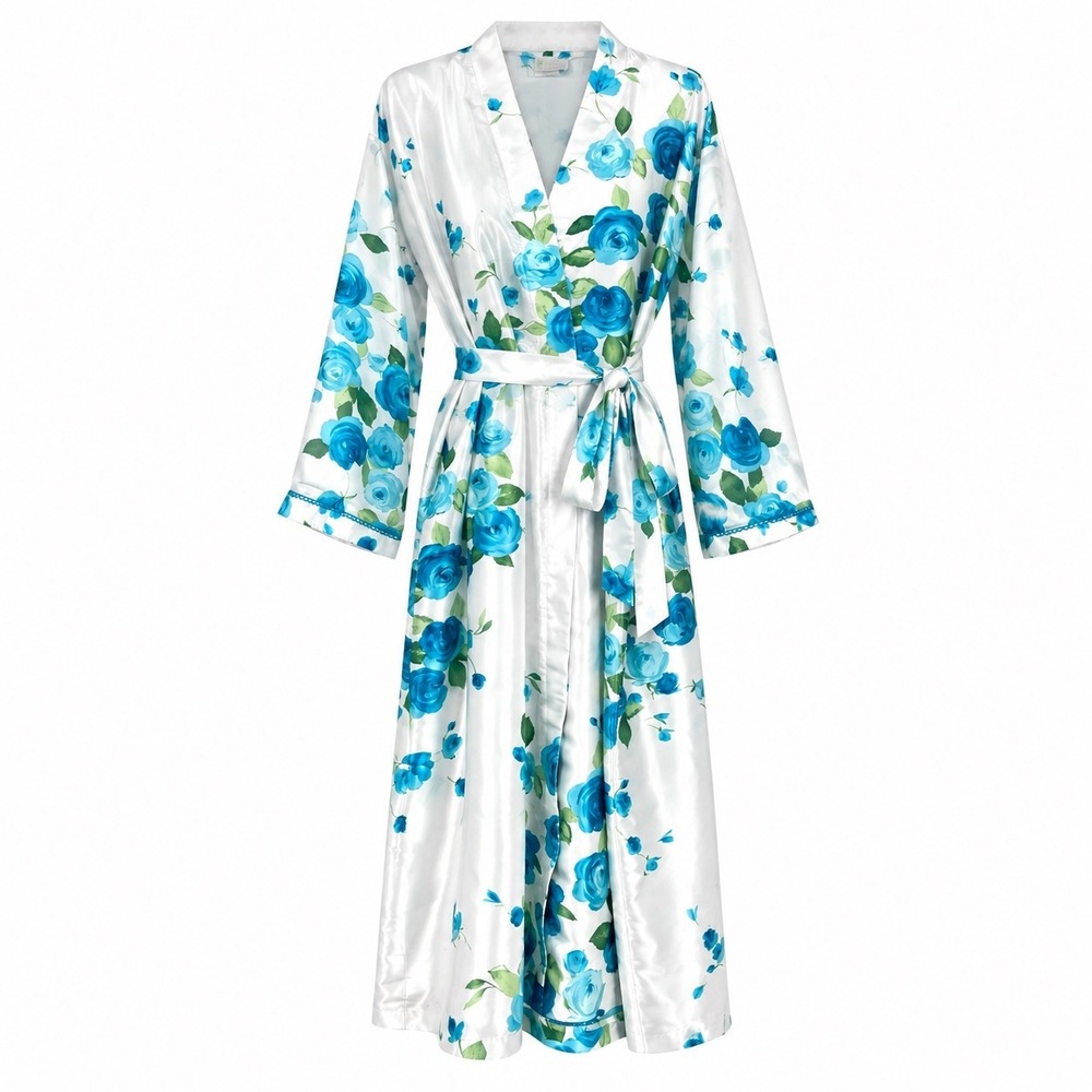 California Dynasty XL White Blue Floral Satin Robe Kimono Belted Lounge